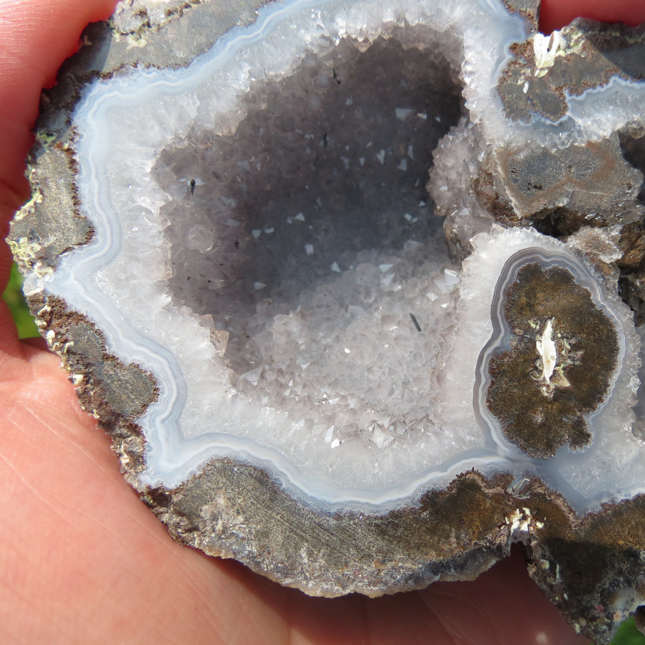 Las Choyas Coconut Geode - Pagoda Calcite, Smokey Quartz & Light Blue Agate Banding