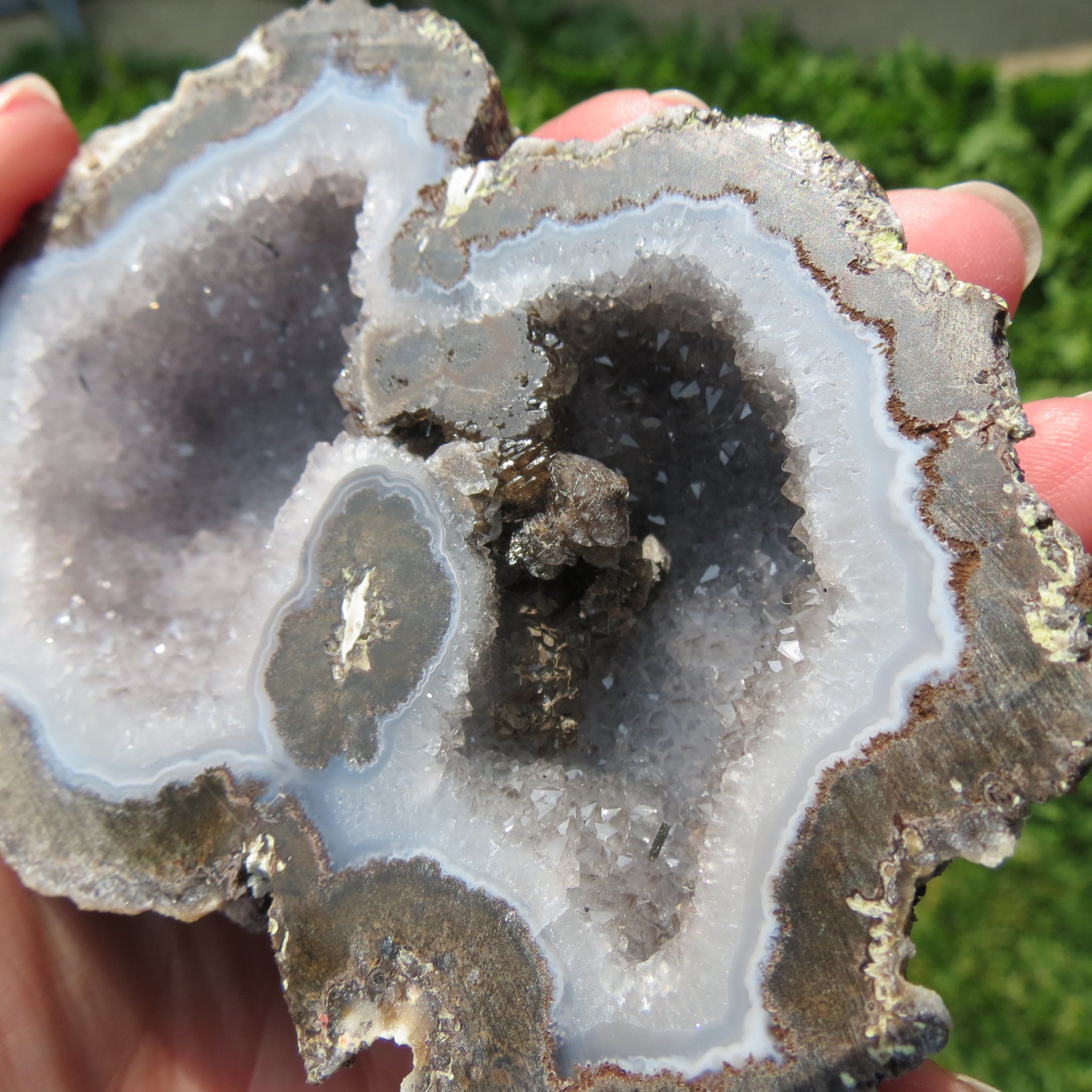 Las Choyas Coconut Geode - Pagoda Calcite, Smokey Quartz & Light Blue Agate Banding