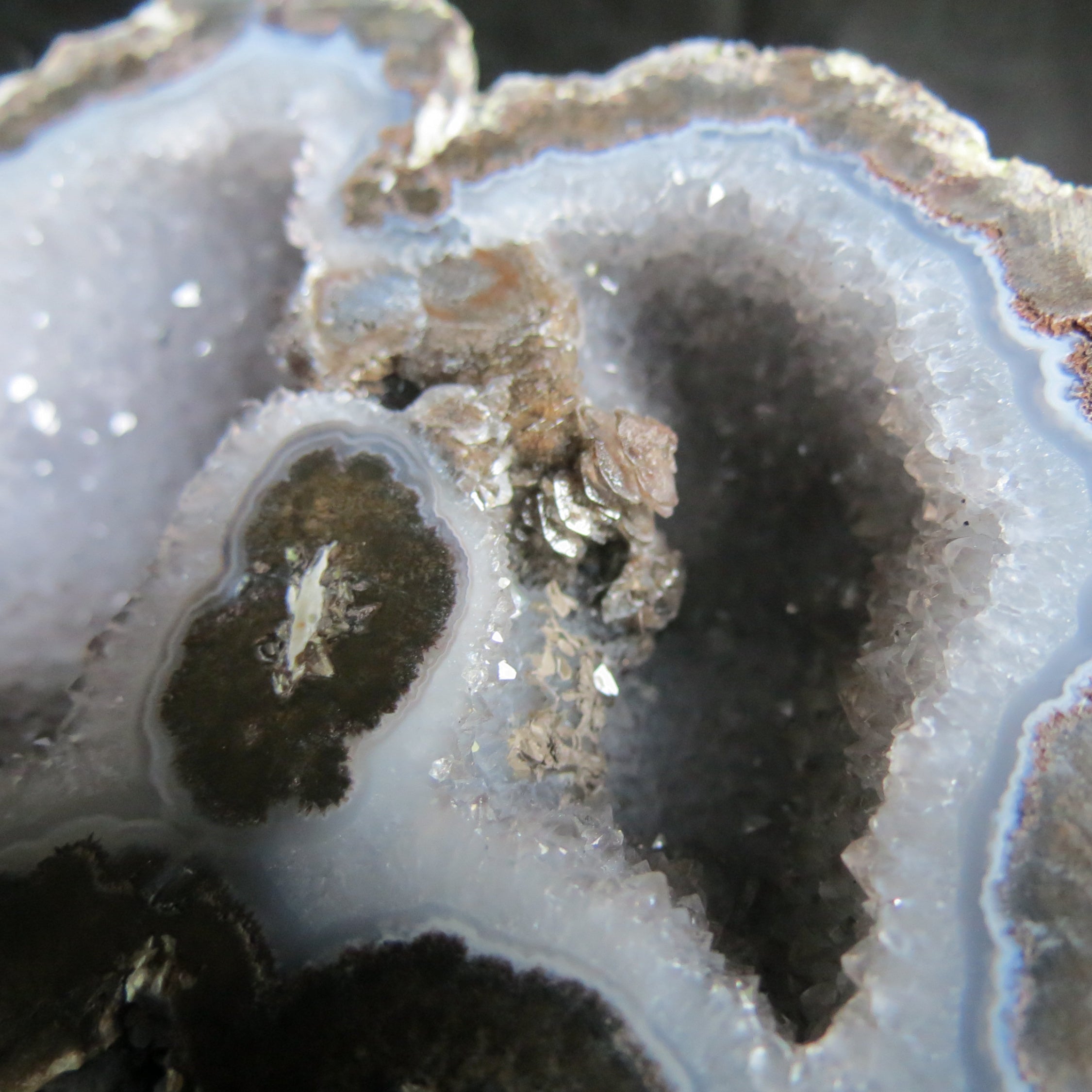Las Choyas Coconut Geode - Pagoda Calcite, Smokey Quartz & Light Blue Agate Banding