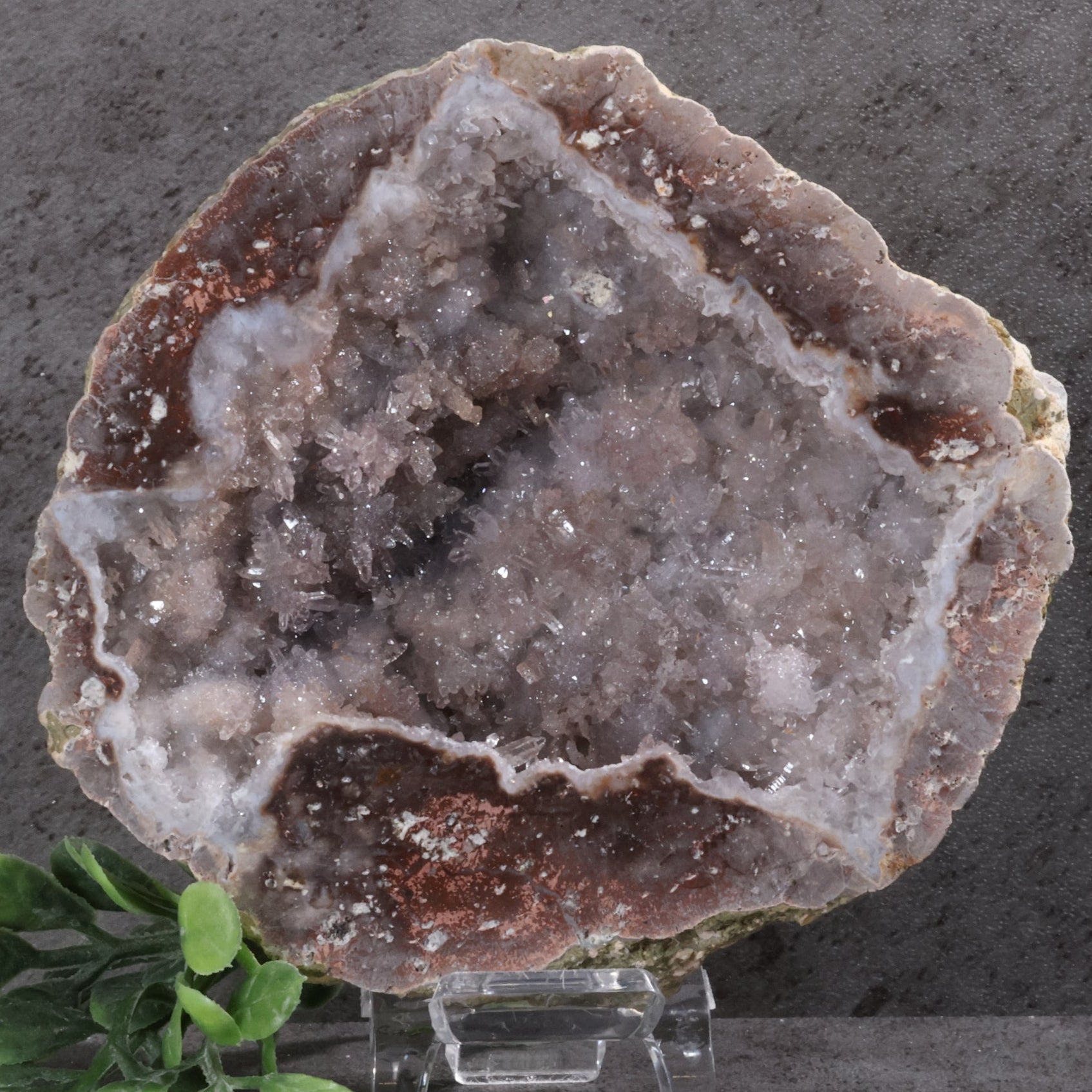 Geode crystal on a stand with a dark gray background