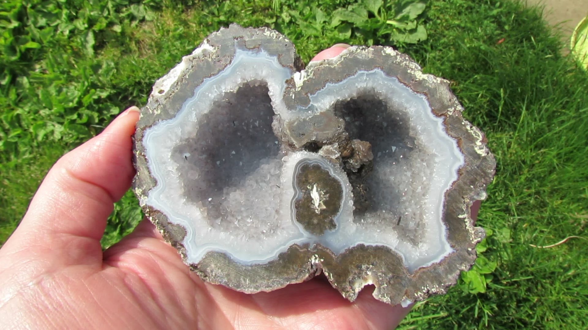 Las Choyas Coconut Geode - Pagoda Calcite, Smokey Quartz & Light Blue Agate Banding